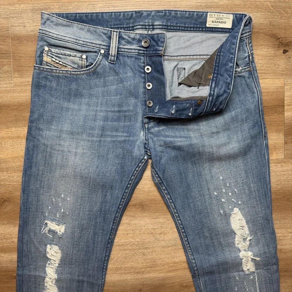 Diesel Safado Jeans Men 33x32 Blue Slim Straight Distressed Denim Button Fly 8AR